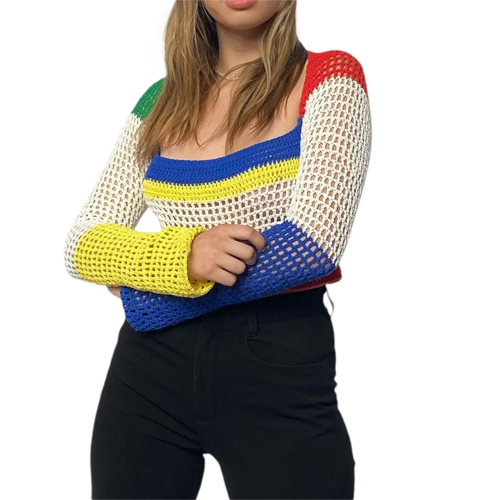 Rainbow Color Block Crochet Knitted Crop Long Sleeve Hollow Out Knit Blouse