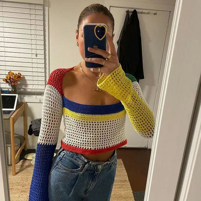 Rainbow Color Block Crochet Knitted Crop Long Sleeve Hollow Out Knit Blouse