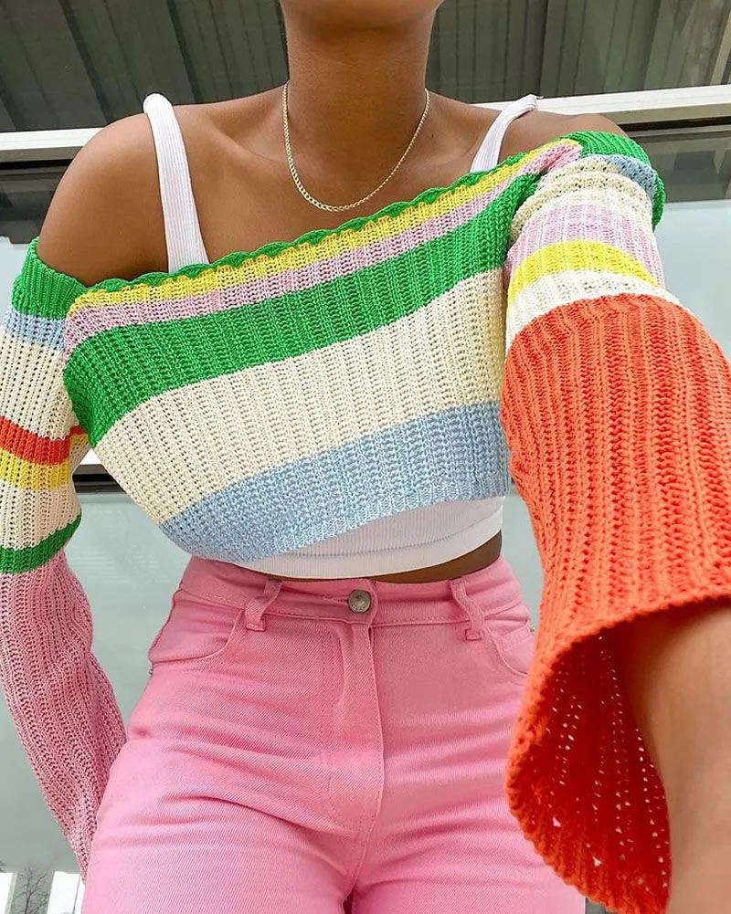 Rainbow Color Block Crochet Knitted Crop Long Sleeve Hollow Out Knit Blouse