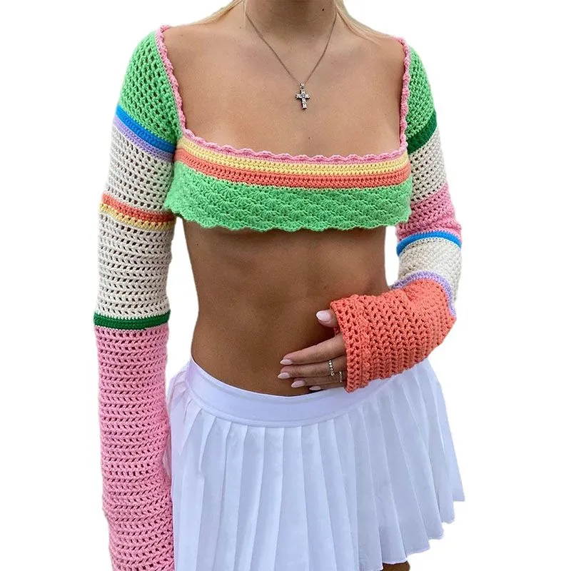 Rainbow Color Block Crochet Knitted Crop Long Sleeve Hollow Out Knit Blouse