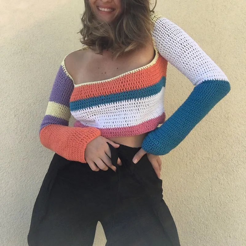 Rainbow Color Block Crochet Knitted Crop Long Sleeve Hollow Out Knit Blouse