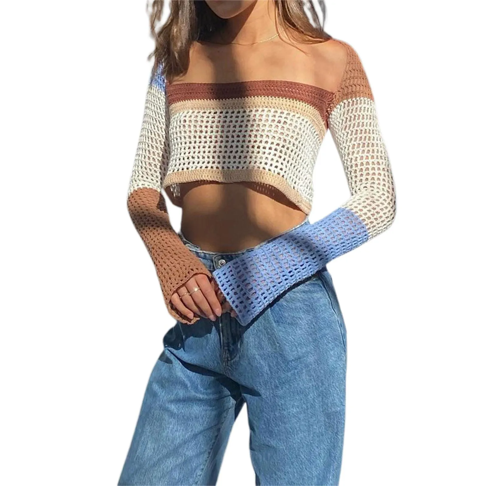 Rainbow Color Block Crochet Knitted Crop Long Sleeve Hollow Out Knit Blouse