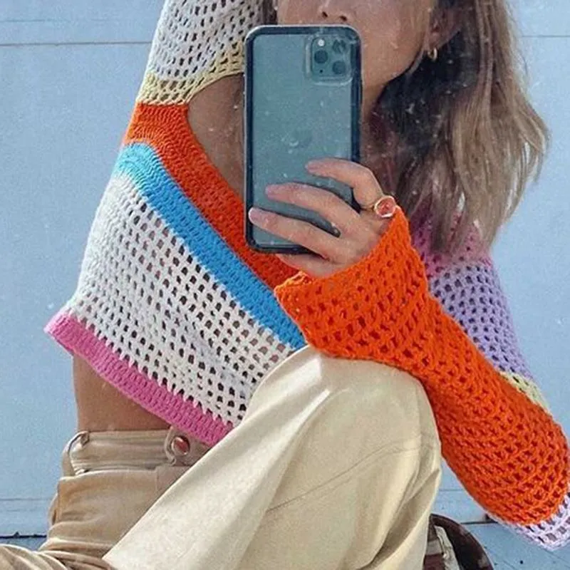 Rainbow Color Block Crochet Knitted Crop Long Sleeve Hollow Out Knit Blouse