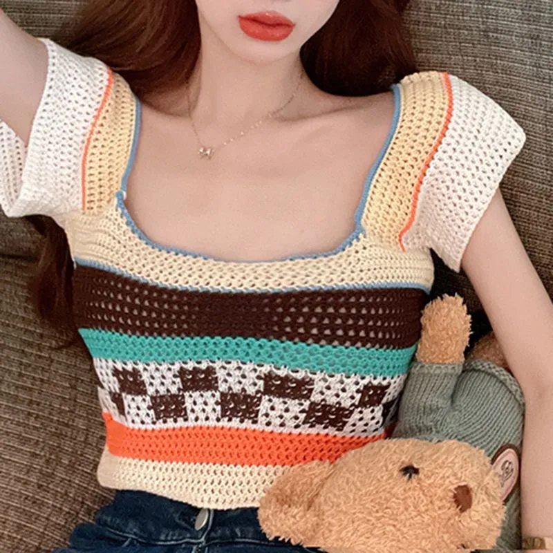 Rainbow Color Block Crochet Knitted Crop Long Sleeve Hollow Out Knit Blouse