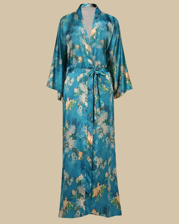 Satin Long Kimono Robe with Floral Print - Japanese Dressing Gown