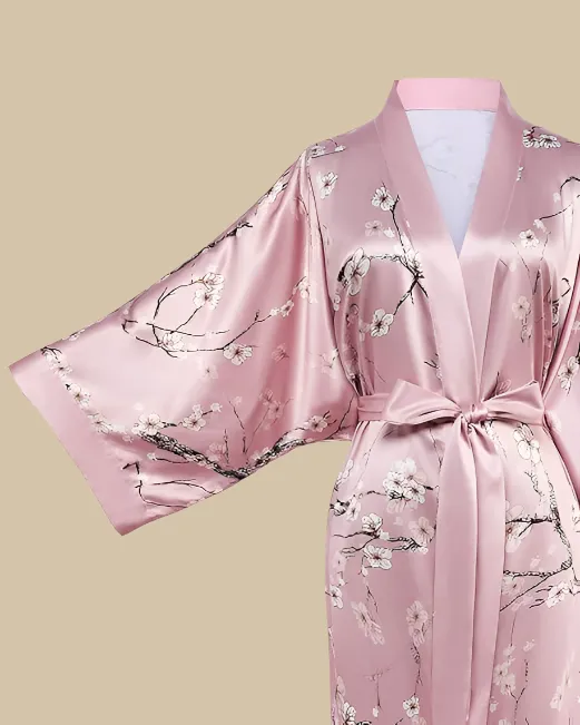 Satin Long Kimono Robe with Floral Print - Japanese Dressing Gown