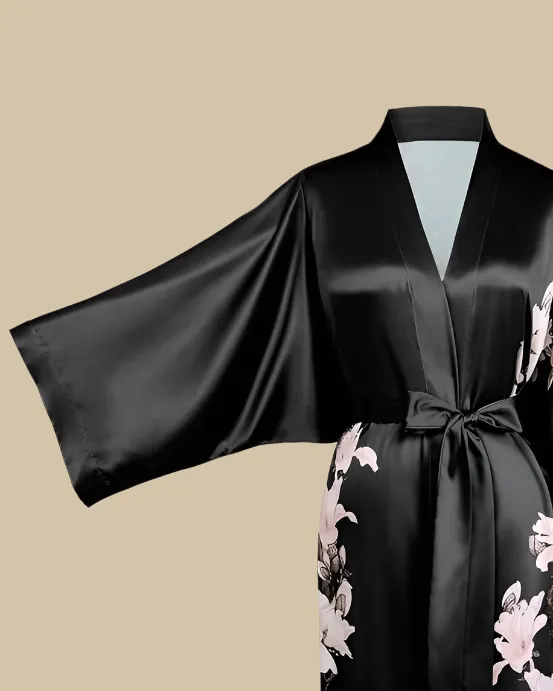 Satin Long Kimono Robe with Floral Print - Japanese Dressing Gown