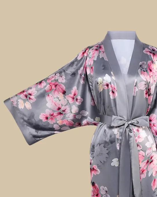 Satin Long Kimono Robe with Floral Print - Japanese Dressing Gown