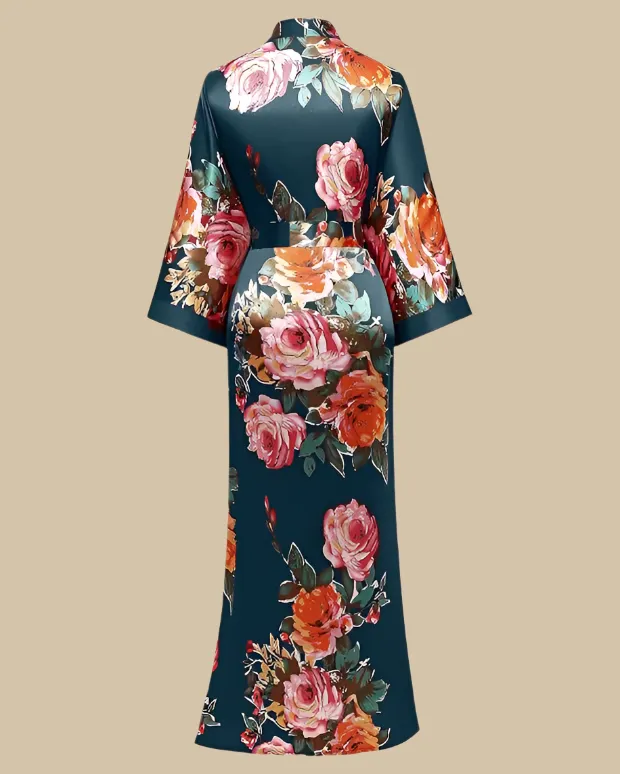 Satin Long Kimono Robe with Floral Print - Japanese Dressing Gown