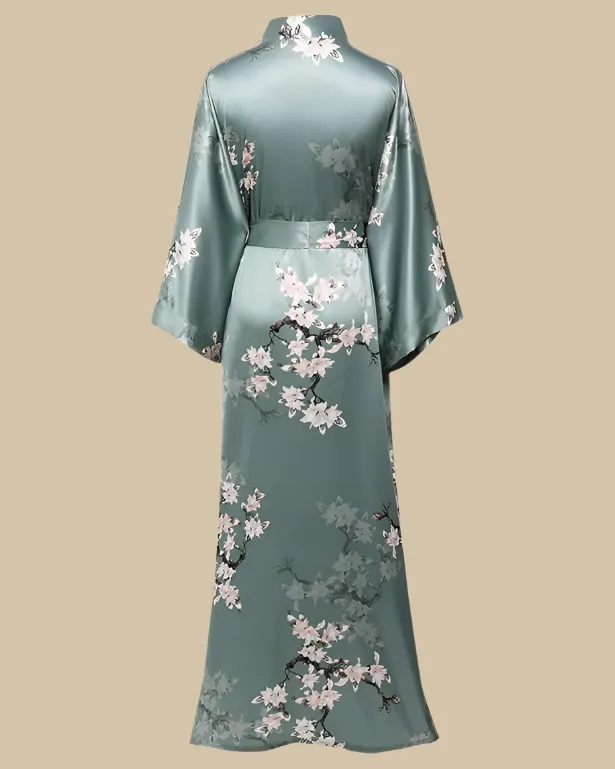 Satin Long Kimono Robe with Floral Print - Japanese Dressing Gown