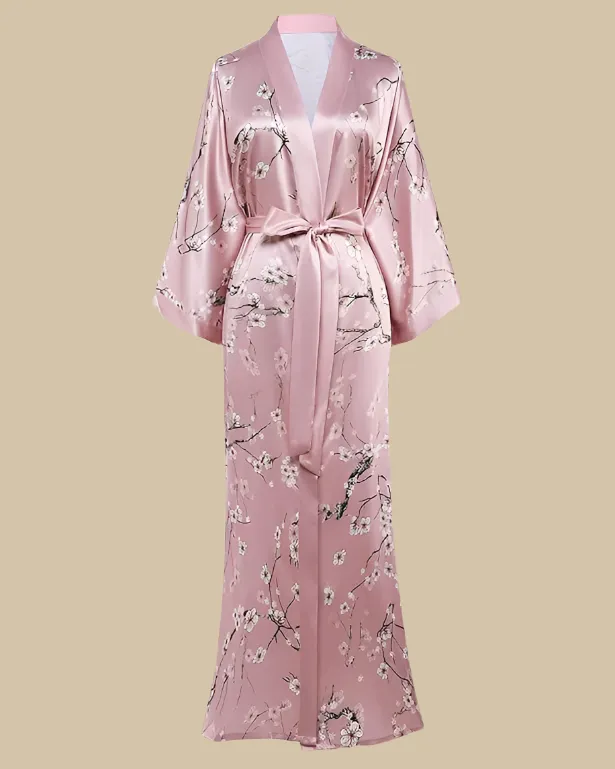 Satin Long Kimono Robe with Floral Print - Japanese Dressing Gown