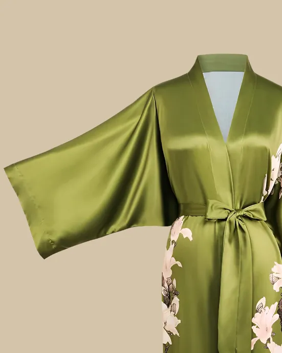 Satin Long Kimono Robe with Floral Print - Japanese Dressing Gown