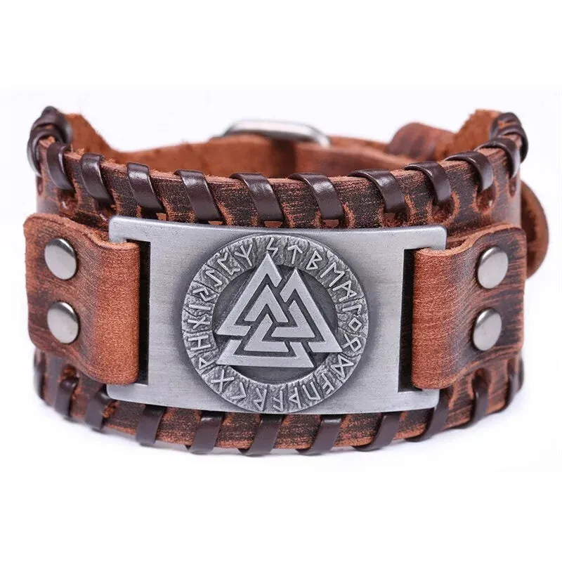 Viking Valknut Amulet Leather Bracelet