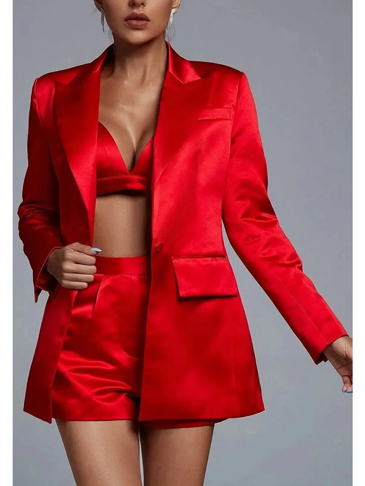 Women’s Candy Apple Red Satin Bralette, Blazer and Short Set