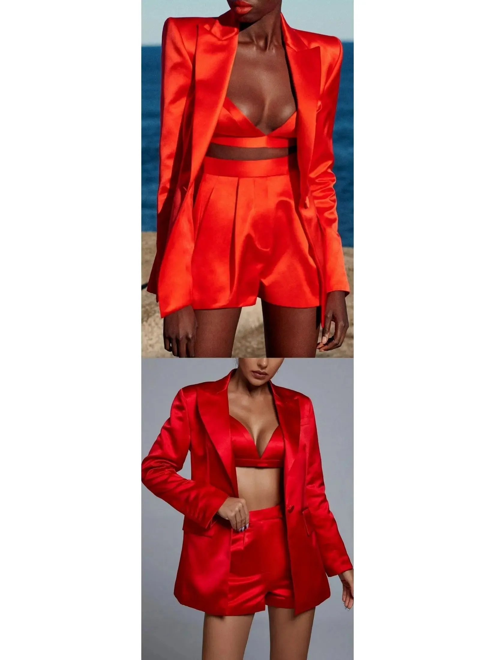 Women’s Candy Apple Red Satin Bralette, Blazer and Short Set