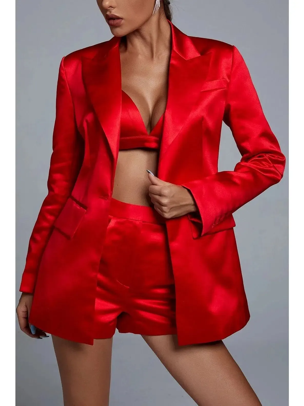 Women’s Candy Apple Red Satin Bralette, Blazer and Short Set