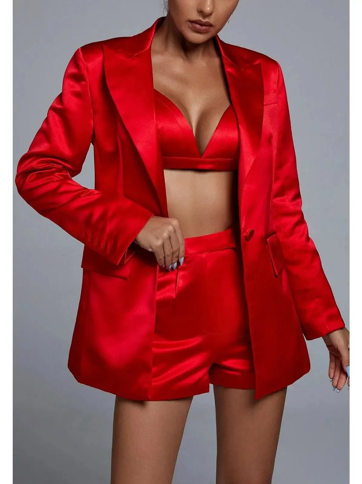 Women’s Candy Apple Red Satin Bralette, Blazer and Short Set