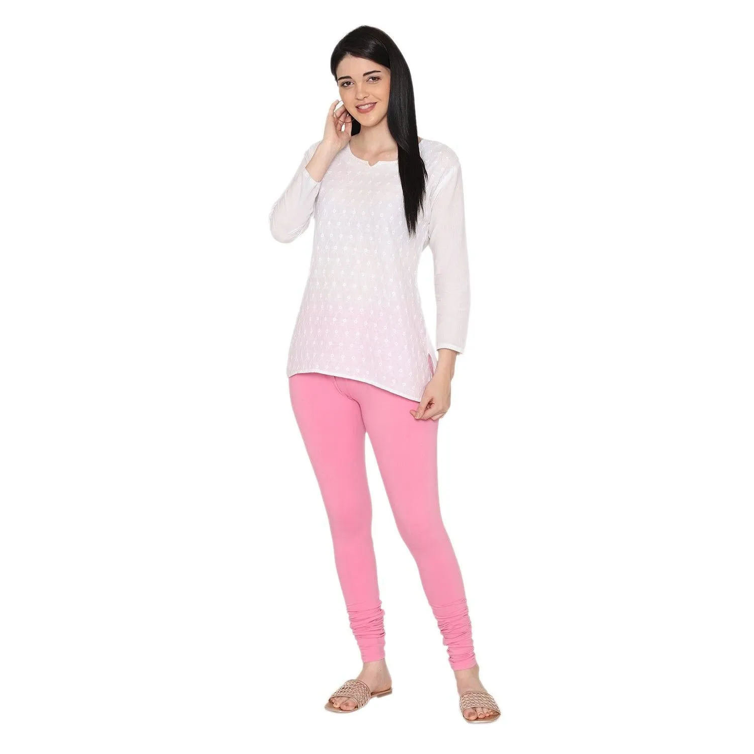 Women's Cotton Churidar Leggings (Free Size) - Light Pink