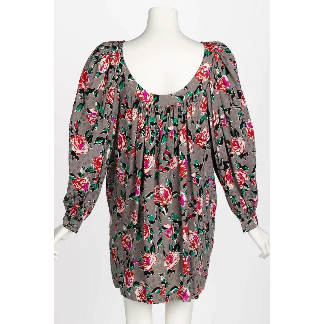 YVES SAINT LAURENT Floral Silk Long Sleeve Mini Dress Ysl, 1980s | Size 38 FR