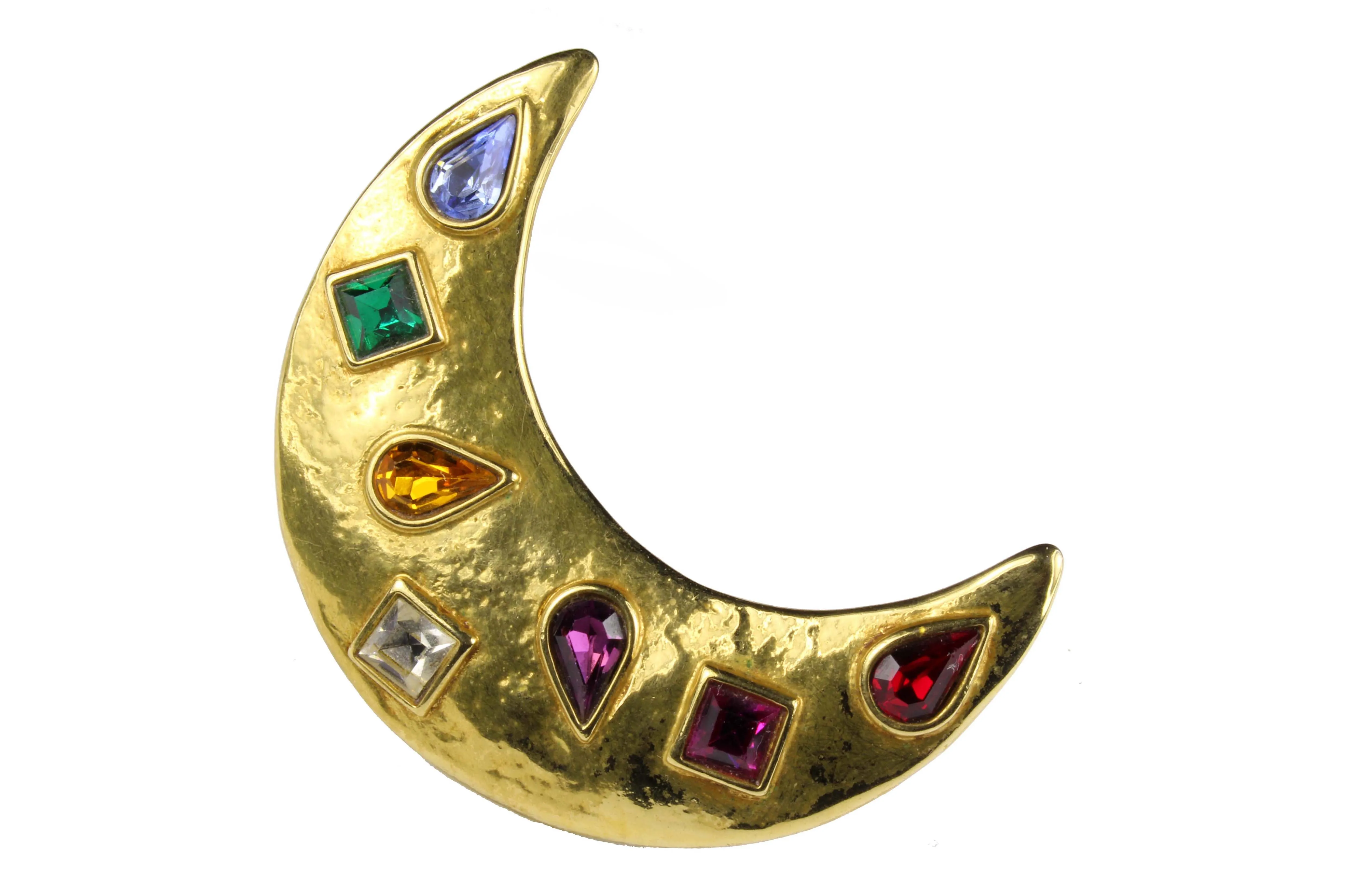 YVES SAINT LAURENT multi-colored rhinestones moon brooch