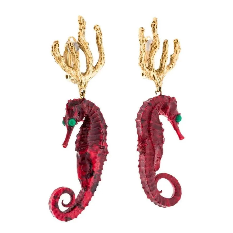 YVES SAINT LAURENT Vintage Red Gold Seahorse Earrings Ysl